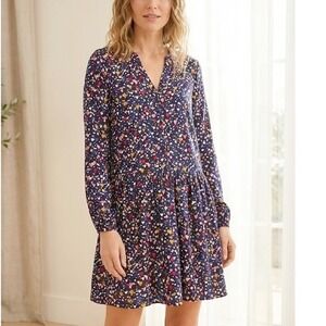 LOFT Navy Blue Multi Color Heart Print Drop Waist Long Sleeve Mini Dress Size XL